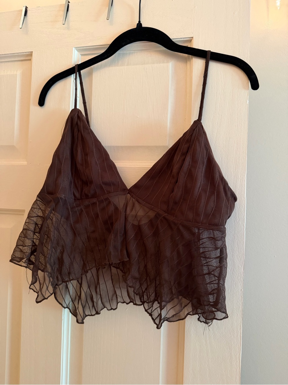 SHEIN Brown Sheer Ruffled V-Neck Spaghetti Strap Tank